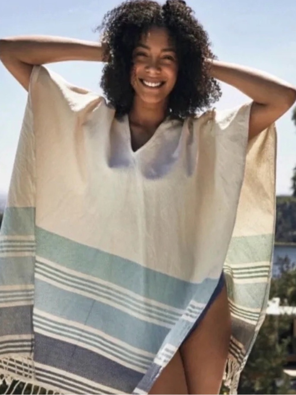 Tribe Alive 100 % Cotton Beach Poncho Caftan Coverup with Fringe